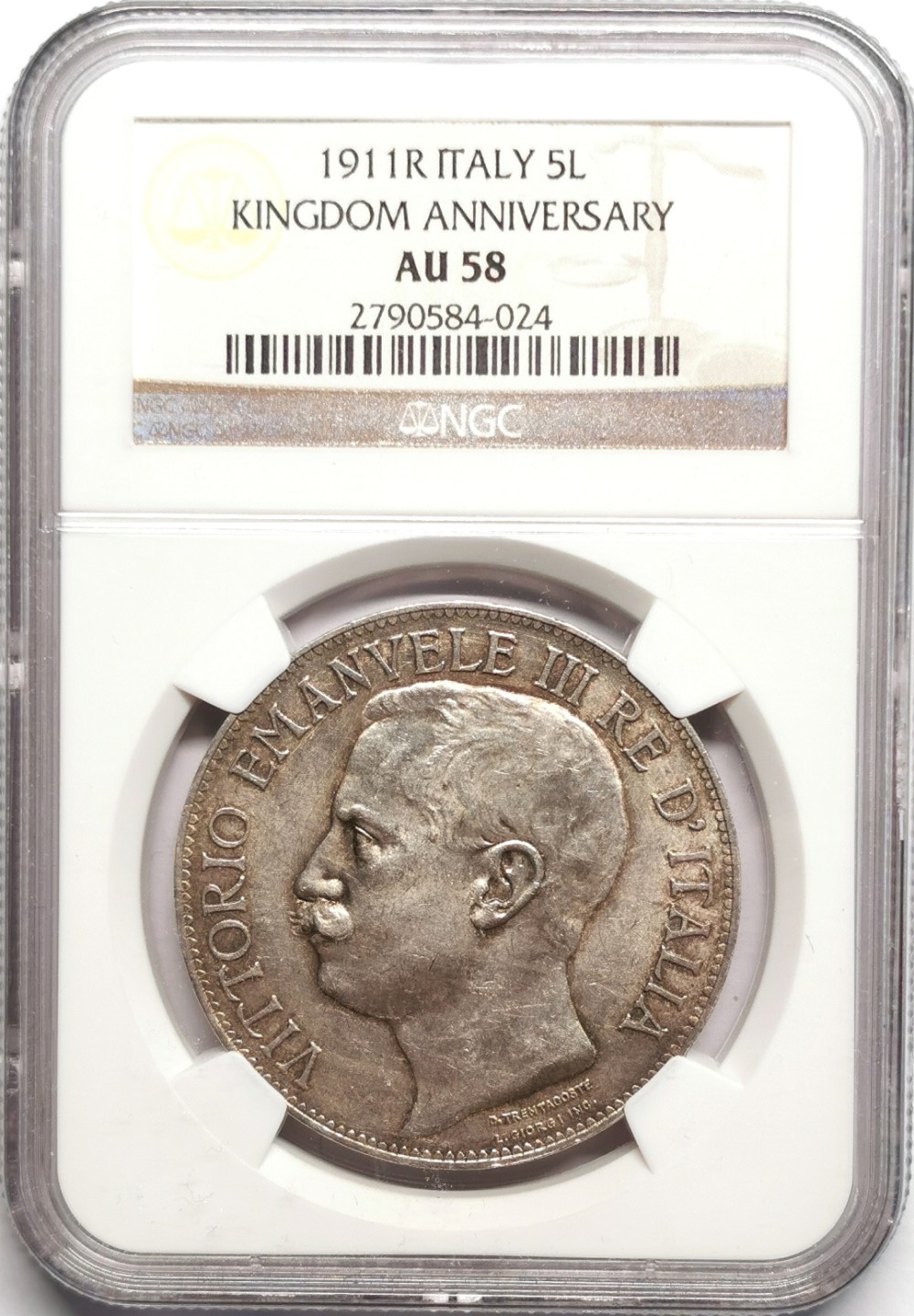 凡希社世界钱币微拍第二百二十三期 荐！1911意大利王国50周年5里拉大银NGC-AU58名誉品种！