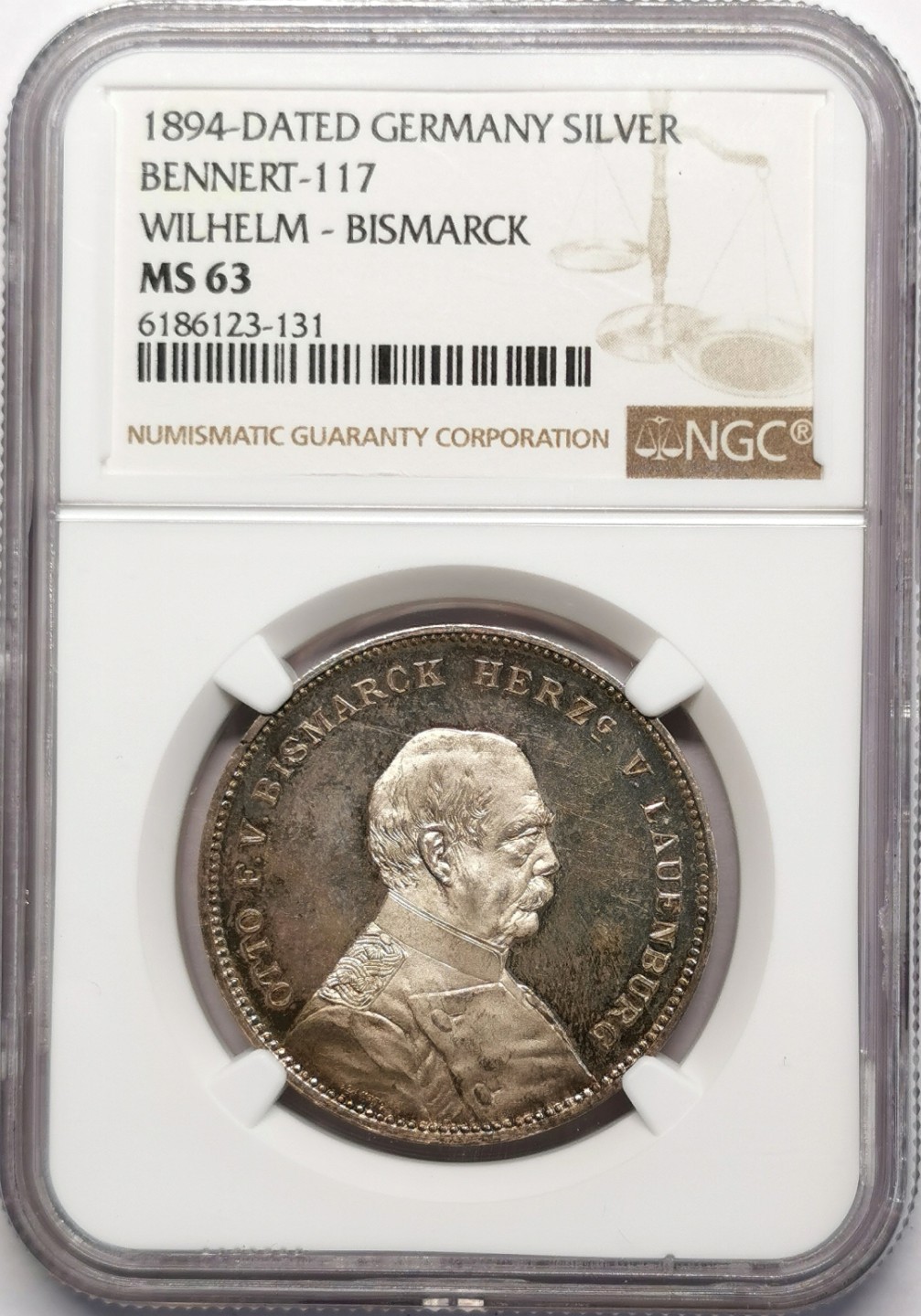 凡希社世界钱币微拍第二百二十三期 1894德皇与俾斯麦双面像纪念银章NGC-MS63镜面感强烈！