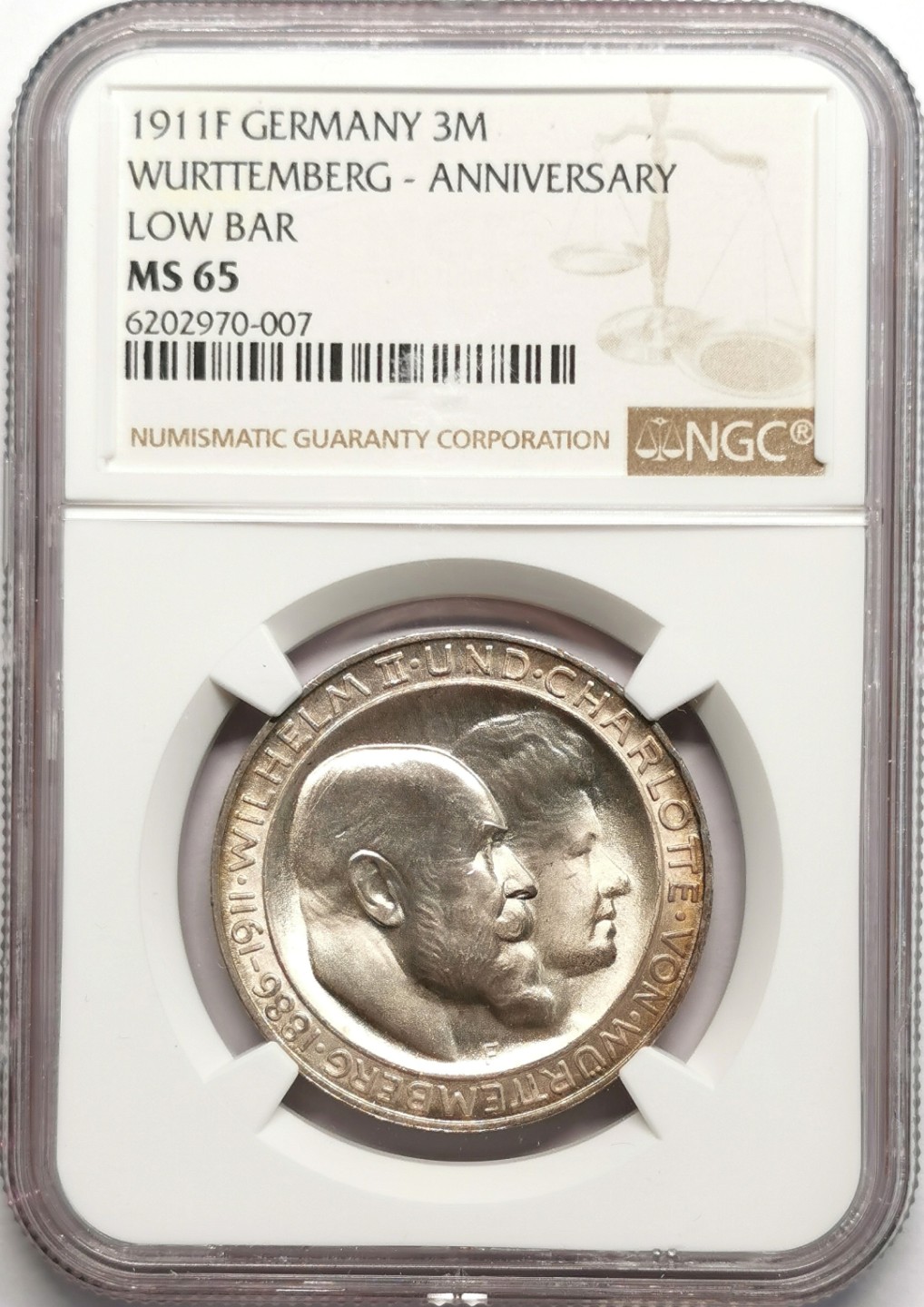 凡希社世界钱币微拍第二百二十三期 1911符腾堡3马克纪念银币NGC-MS65