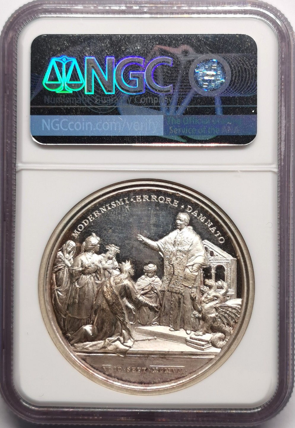 凡希社世界钱币微拍第二百二十三期 1907梵蒂冈教宗庇护十世谴责现代主义纪念银章NGC-MS64镜面工艺！