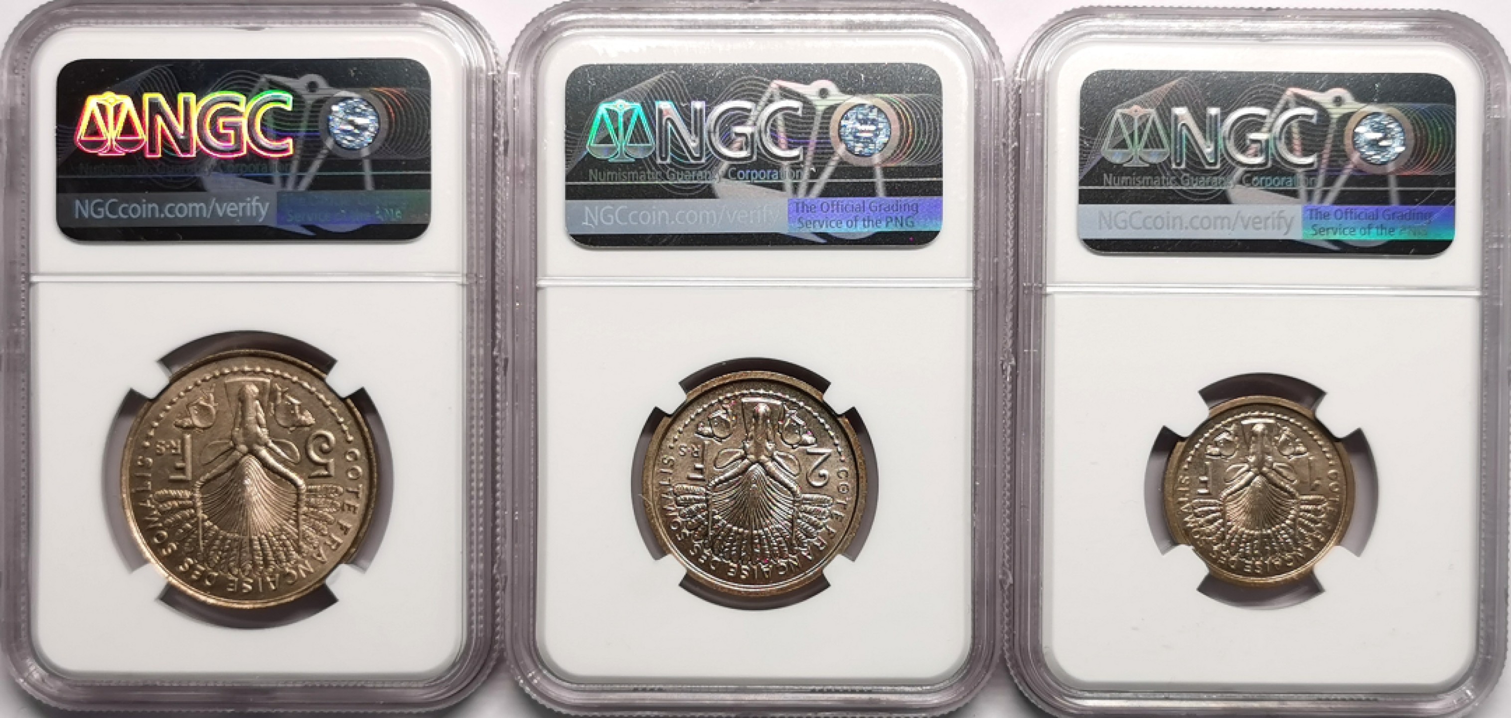 凡希社世界钱币微拍第二百二十三期 1948法属索马里ESSAI样币三枚套NGC-MS62/64/64