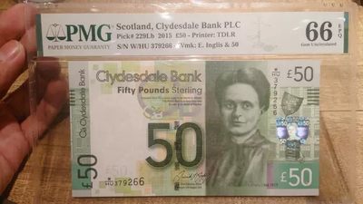 即日起至节前拍卖800以上全部本店贴钱发顺丰避免严重延误【世界钱币收藏】精选微拍第52期 暨2022年第九期 含部分经典高分评级币 2015年苏格兰克莱德戴尔银行 50镑 PMG66E 无4