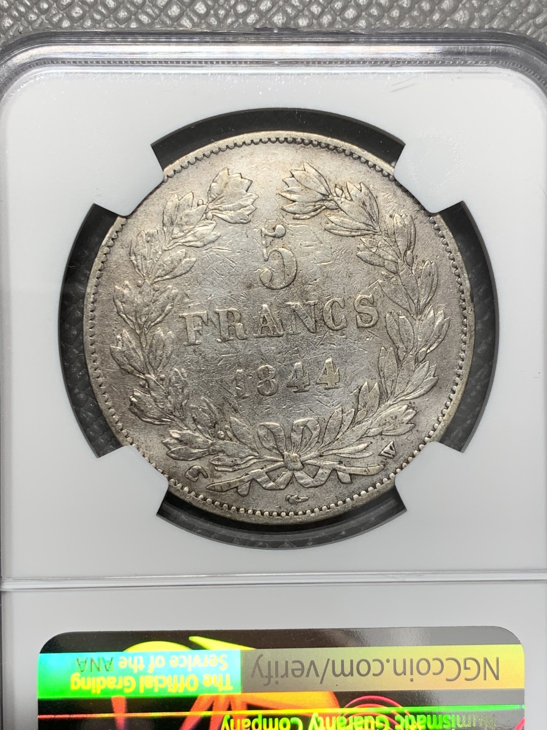 《竞宝斋》第125场-周日，周一 ，2场连拍（全场包邮） NGC XF 法国 1844年W版 菲利普 5法郎 银币
