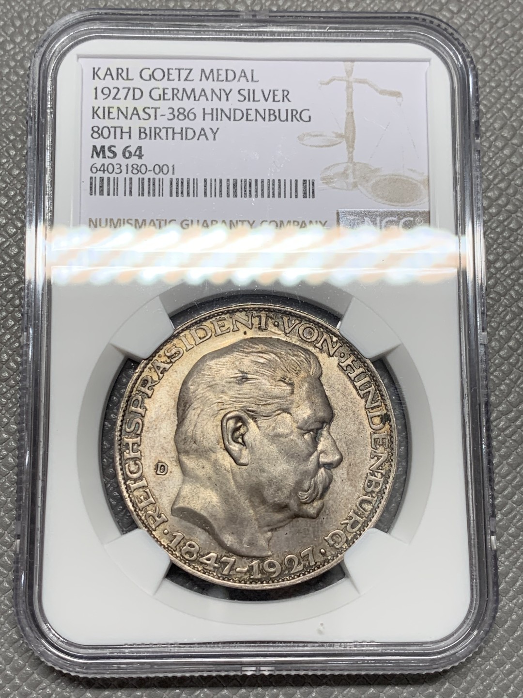 《竞宝斋》第125场-周日，周一 ，2场连拍（全场包邮） NGC-MS64 德国 1927年 兴登堡五马克形制银章 原味转光，雕刻大师卡尔哥茨作品，兴登堡章牌的入门品种