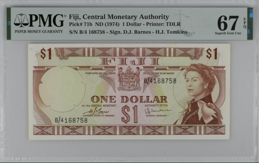 收藏联盟Quantum Auction 第221期拍卖 （已更新） 斐济群岛1974年1元 PMG67 戎装女王