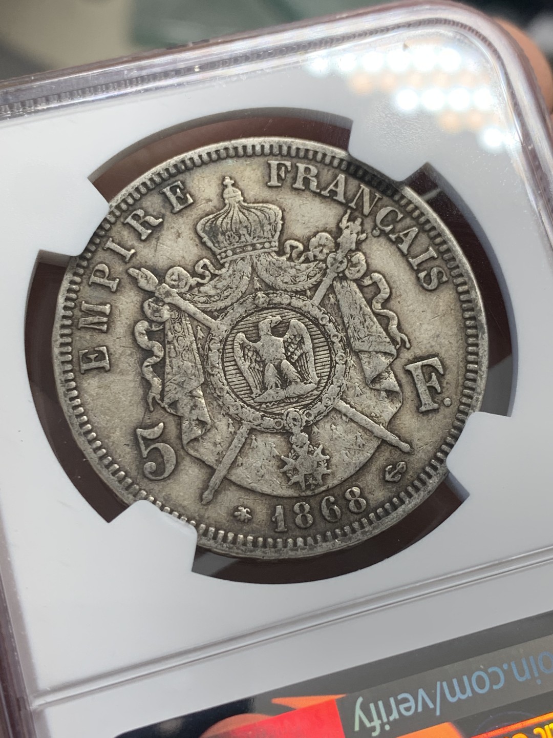 《竞宝斋》第125场-周日，周一 ，2场连拍（全场包邮） NGC AU50 法国 1868年 拿三 5法郎银币 原味包浆