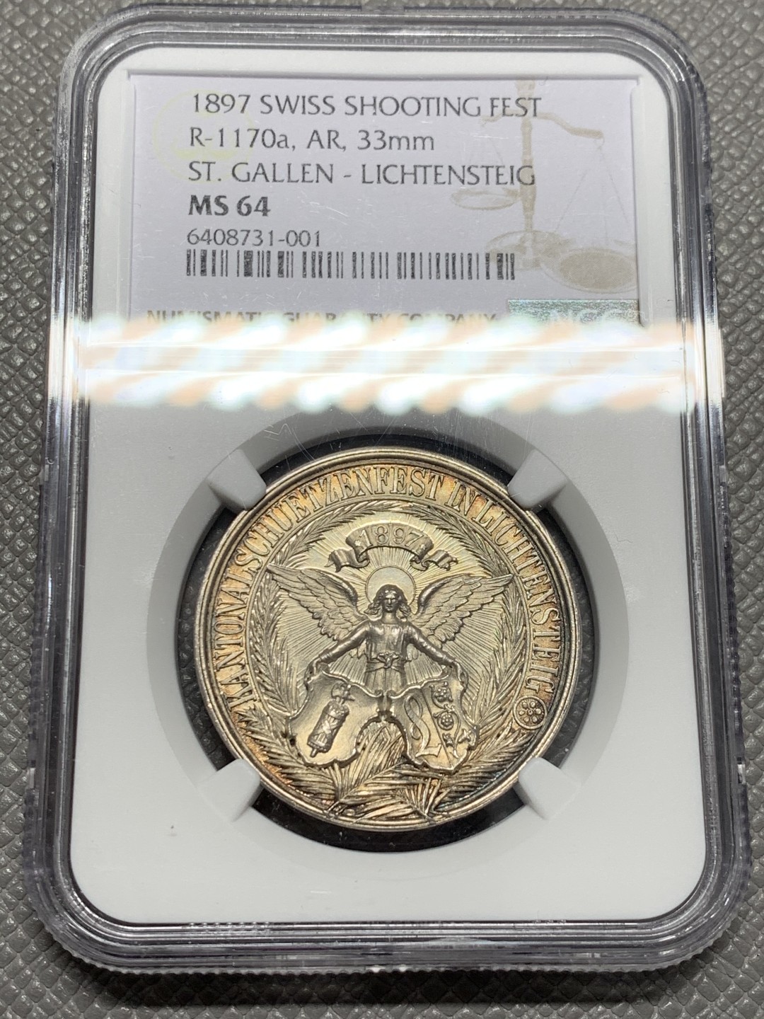 《竞宝斋》第125场-周日，周一 ，2场连拍（全场包邮） NGC-MS64 瑞士1897年射击节 正面天使背狗狗图案 大银章 系列里的难点 非常漂亮
