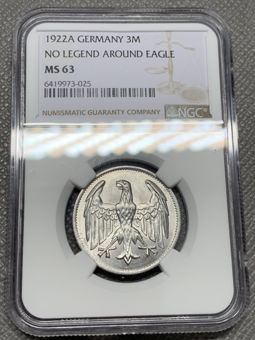 《竞宝斋》第125场-周日，周一 ，2场连拍（全场包邮） NGC-MS63 德国魏玛共和国1922年无字版3马克铝币