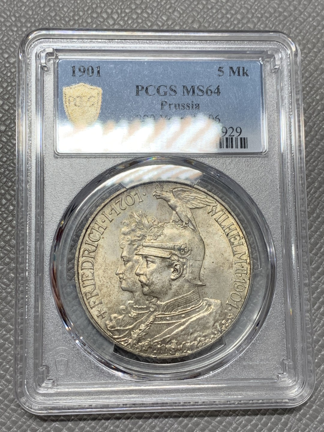 《竞宝斋》第125场-周日，周一 ，2场连拍（全场包邮） PCGS MS64德国 1901年 5马克 普鲁士建国200周年 经典双头长翅马克 BU品相完美品质