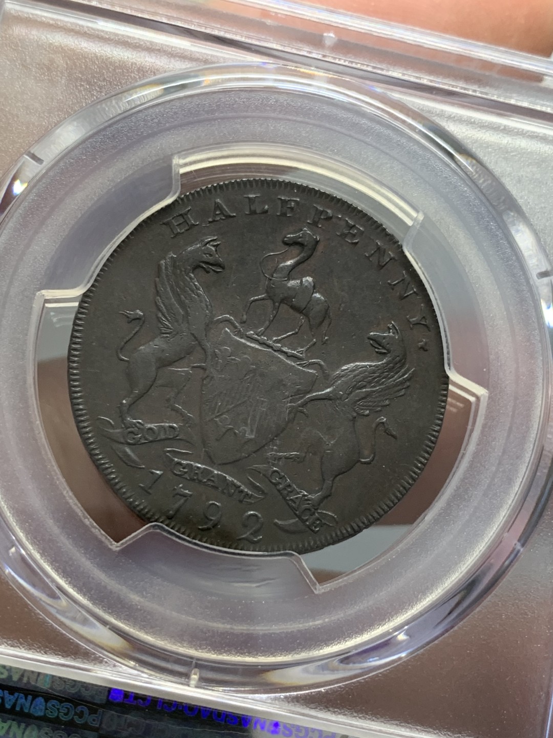 《竞宝斋》第125场-周日，周一 ，2场连拍（全场包邮） PCGS-XF40 1792年 英国沃里克郡戈黛娃夫人1/2便士Token，。马背上的戈黛娃，英系经典。发丝马鬃清晰，铜光犹存。此版稀见，R级珍惜度