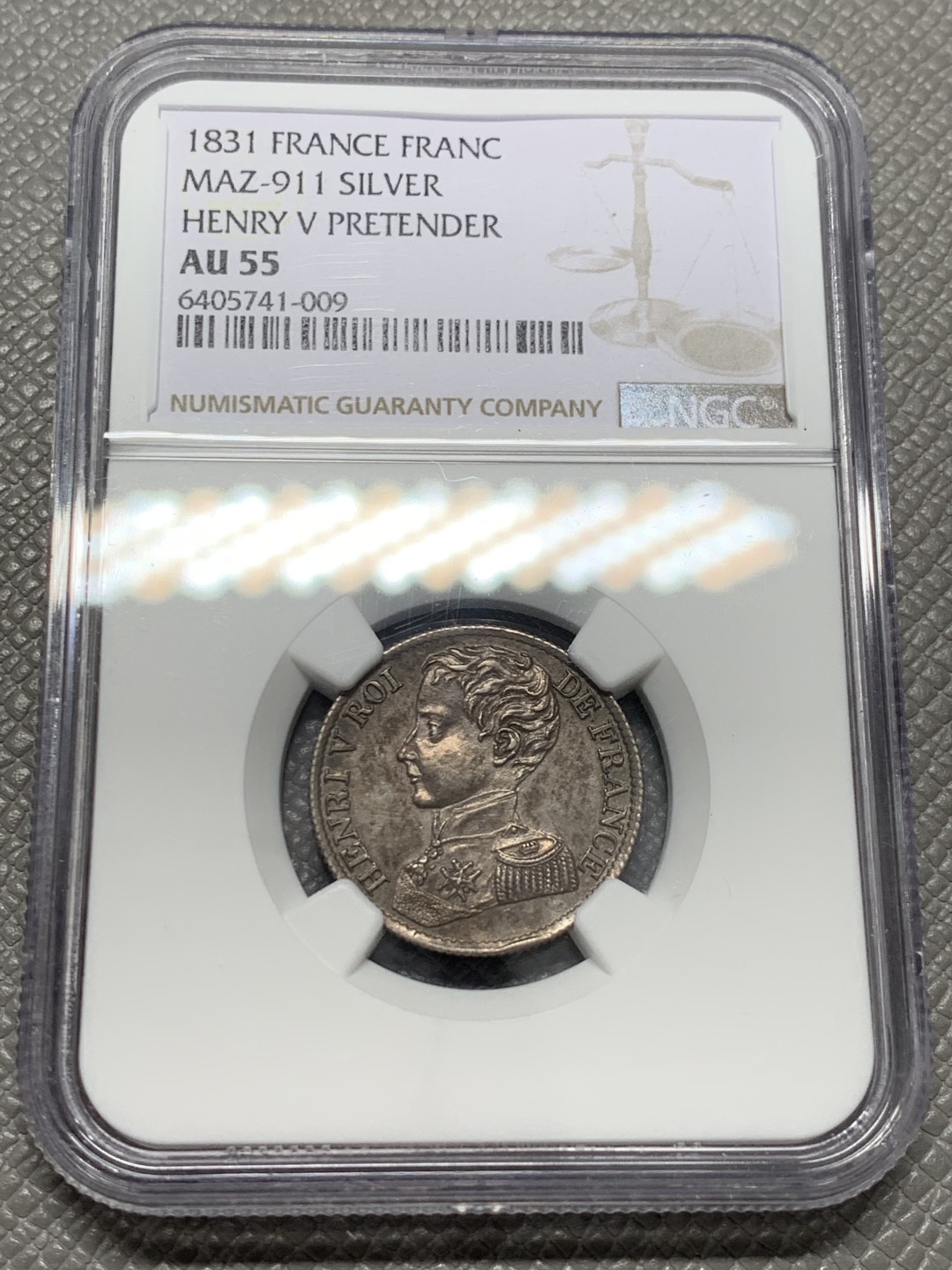 《竞宝斋》第125场-周日，周一 ，2场连拍（全场包邮） NGC AU55 1831年僭主法国亨利五世1法郎银币出分不易，少见品