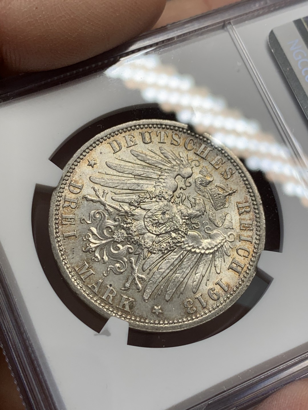 《竞宝斋》第125场-周日，周一 ，2场连拍（全场包邮） NGC-MS62 德国普鲁士1913年威廉二世在位25周年纪念3马克银币
