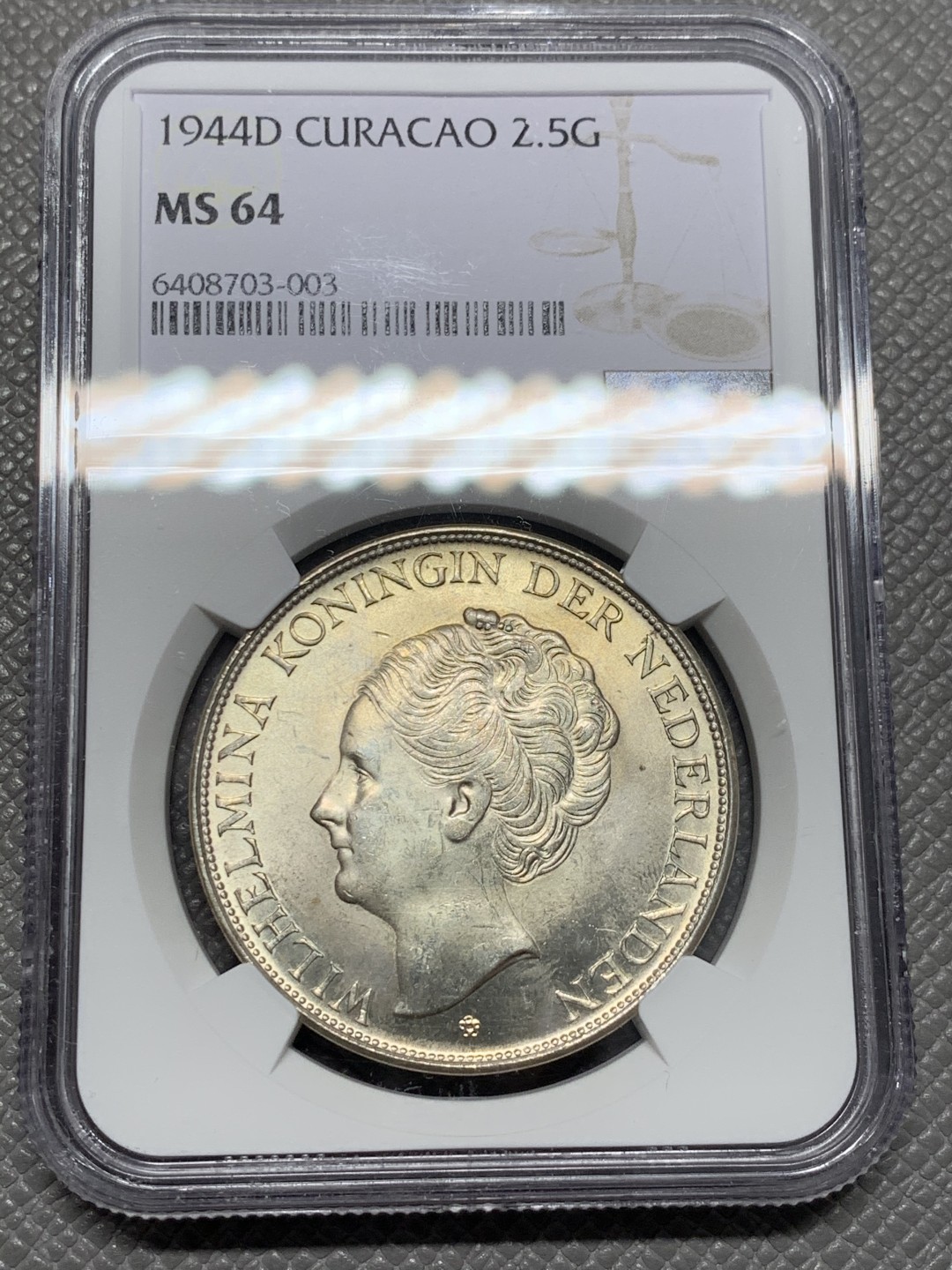 《竞宝斋》第125场-周日，周一 ，2场连拍（全场包邮） NGC-MS64 荷属库拉索群岛 1944年 威廉米娜女王2.5盾 大银币 原光好品 殖民地系列品种