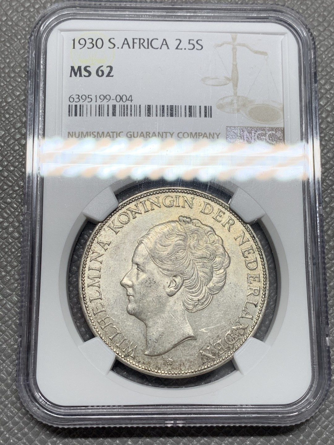 《竞宝斋》第125场-周日，周一 ，2场连拍（全场包邮） NGC-MS62 1930年 荷兰威廉明娜女王2.5盾大银币，少见年份，原光好品，标签有误