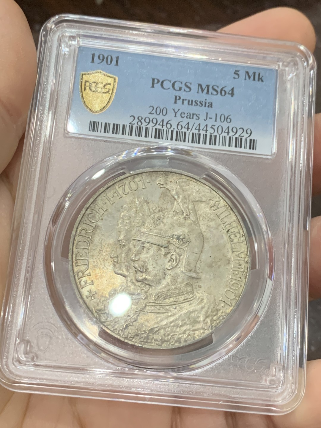 《竞宝斋》第125场-周日，周一 ，2场连拍（全场包邮） PCGS MS64德国 1901年 5马克 普鲁士建国200周年 经典双头长翅马克 BU品相完美品质