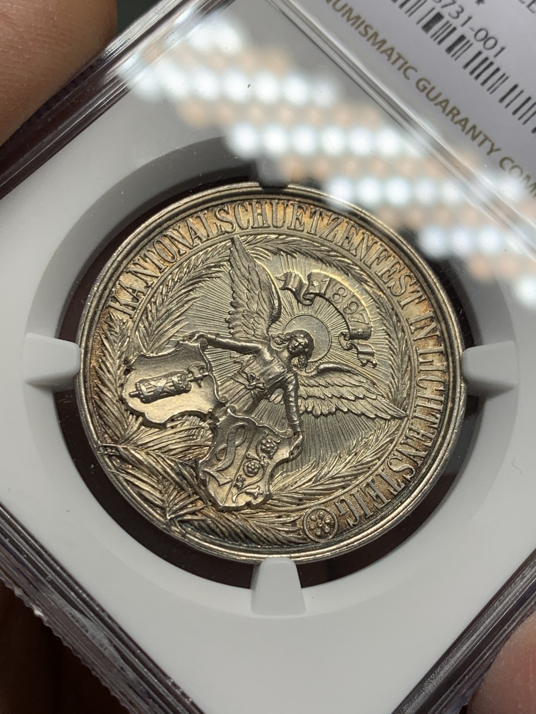 《竞宝斋》第125场-周日，周一 ，2场连拍（全场包邮） NGC-MS64 瑞士1897年射击节 正面天使背狗狗图案 大银章 系列里的难点 非常漂亮