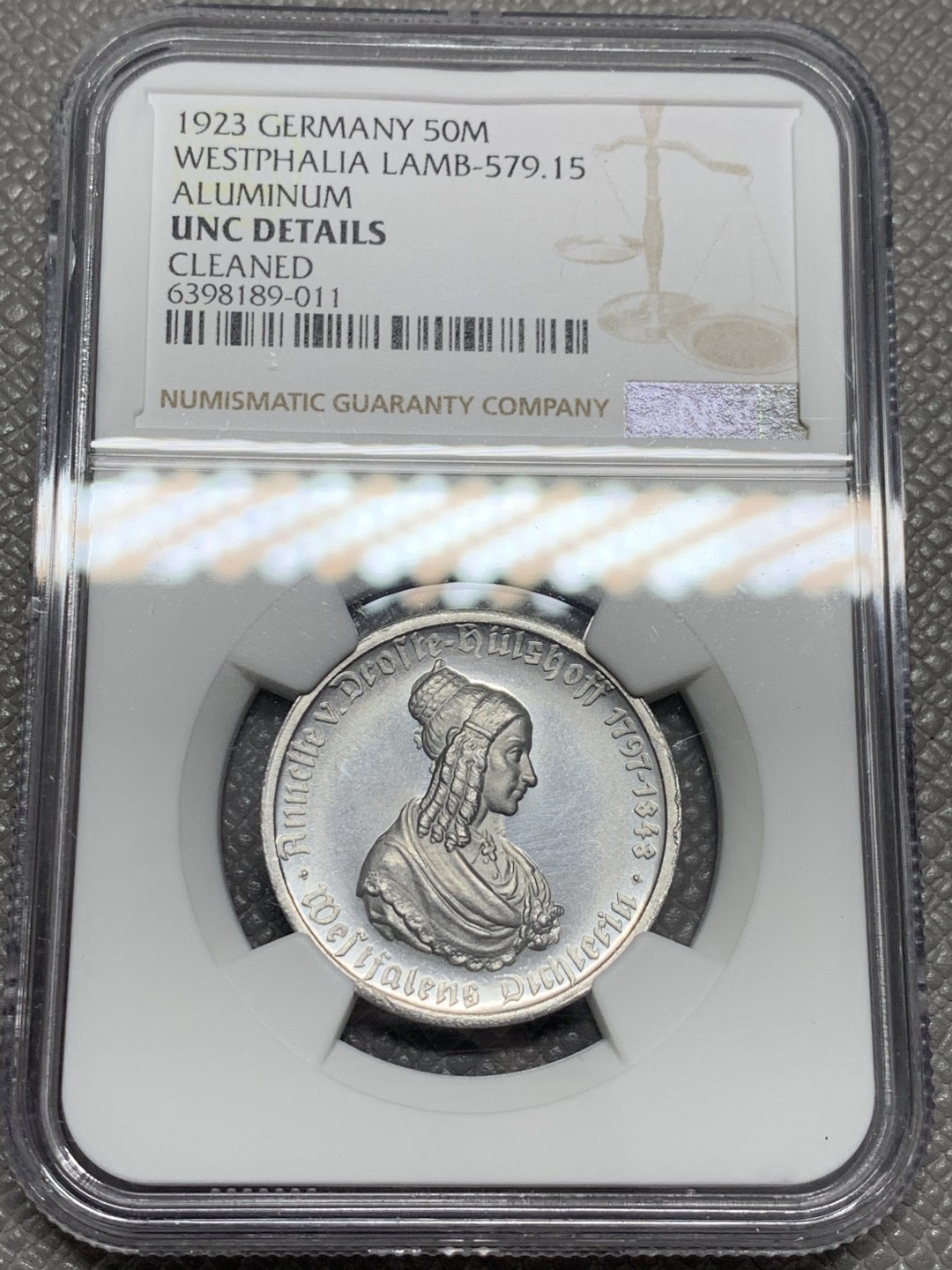 《竞宝斋》第125场-周日，周一 ，2场连拍（全场包邮） NGC UNC  德国1923年 紧急状态 威斯特法伦 50马克妇人铝币 底板镜面感强烈 打制深峻 转光一流 集套必备