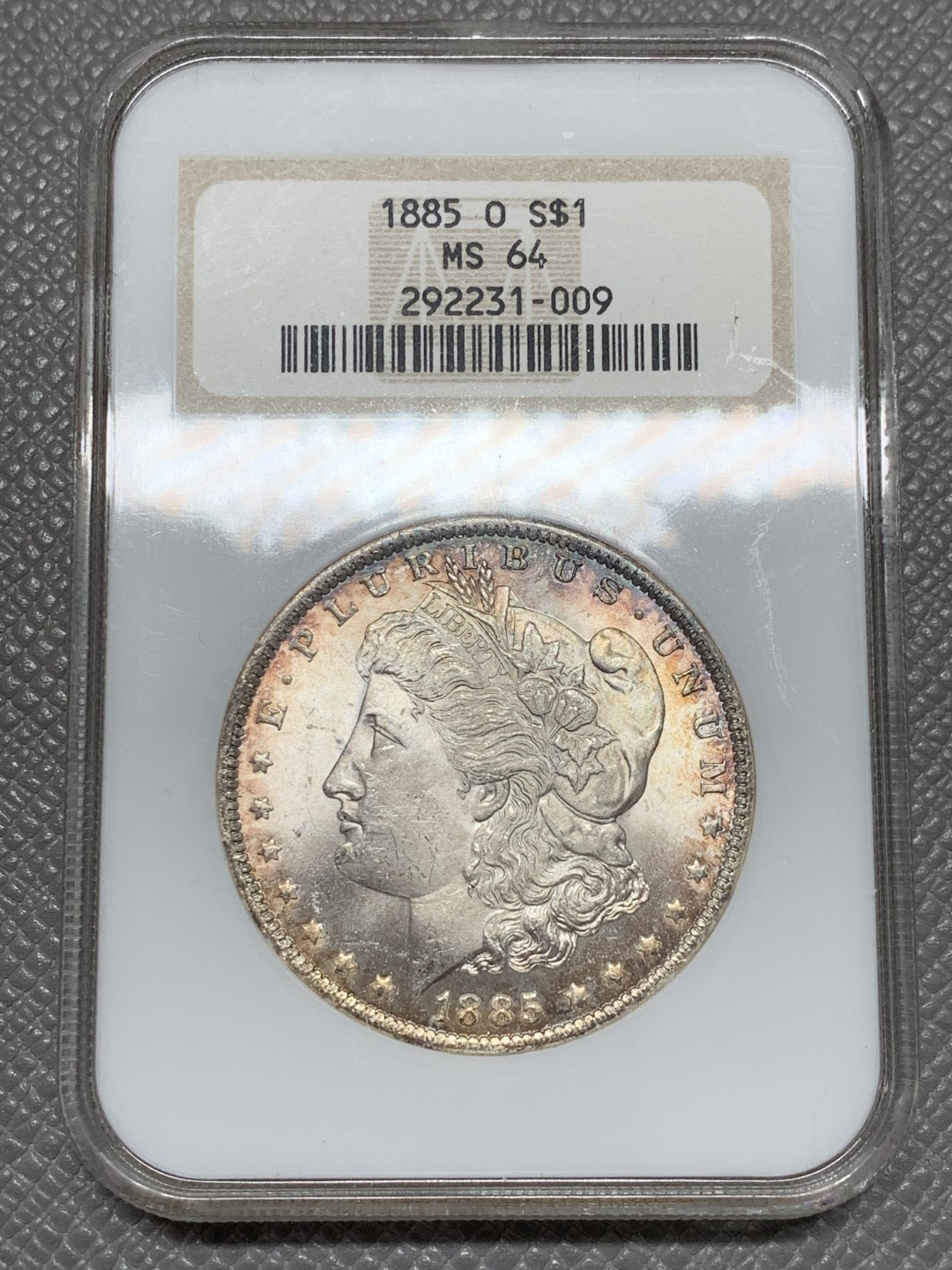 《竞宝斋》第125场-周日，周一 ，2场连拍（全场包邮） NGC MS64 美国1885年 摩根银币 炫丽包浆 十字曝光 值得收藏