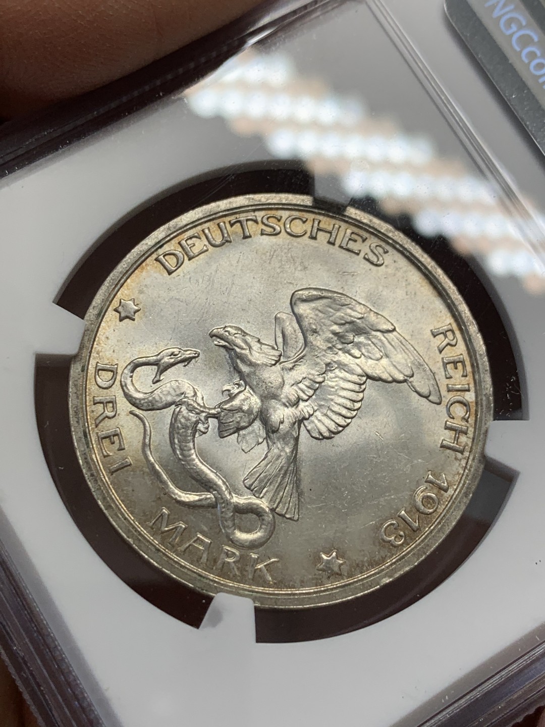 《竞宝斋》第125场-周日，周一 ，2场连拍（全场包邮） NGC-MS64 德国普鲁士1913年击败拿破仑纪念3马克银币