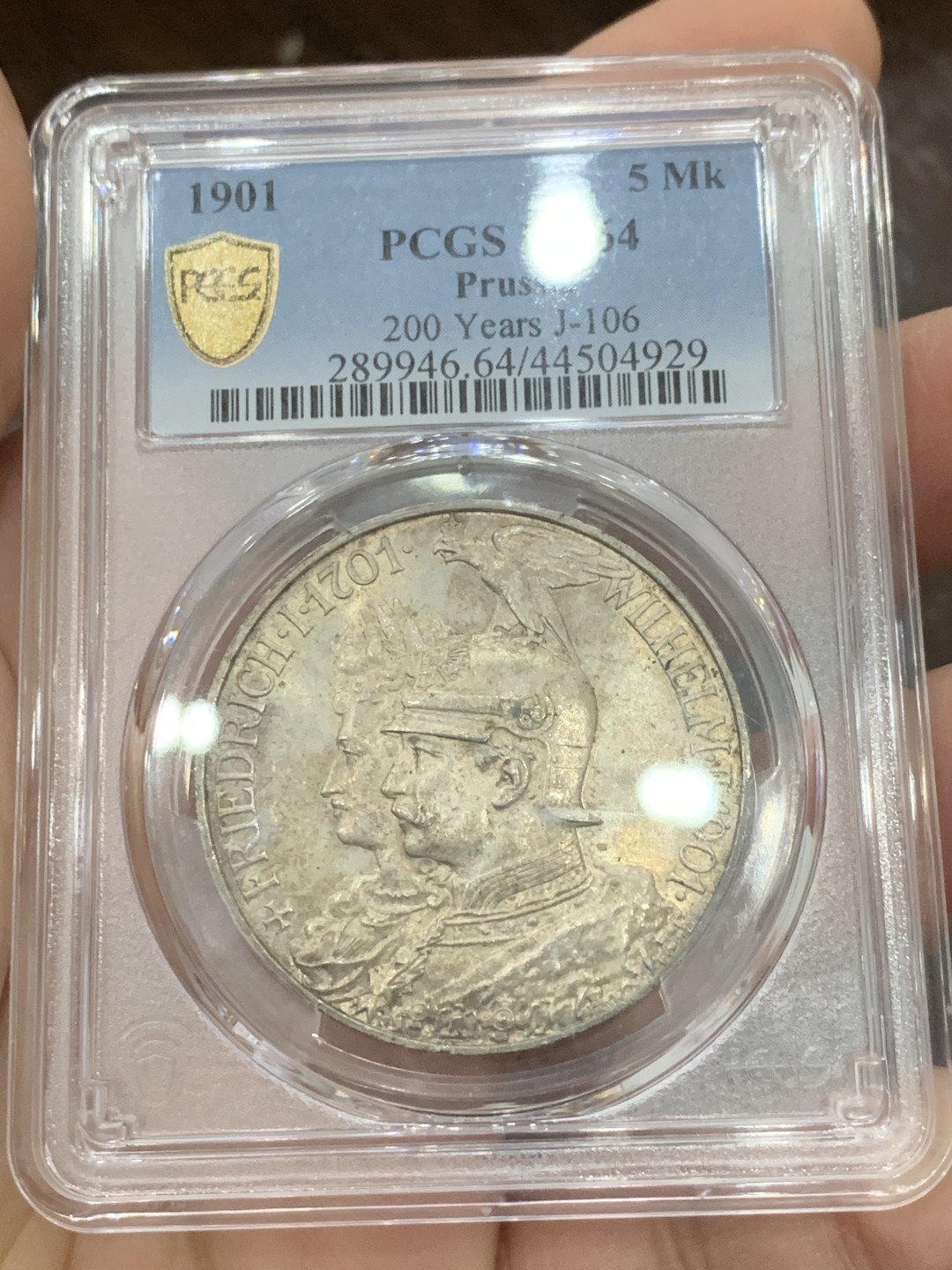 《竞宝斋》第125场-周日，周一 ，2场连拍（全场包邮） PCGS MS64德国 1901年 5马克 普鲁士建国200周年 经典双头长翅马克 BU品相完美品质