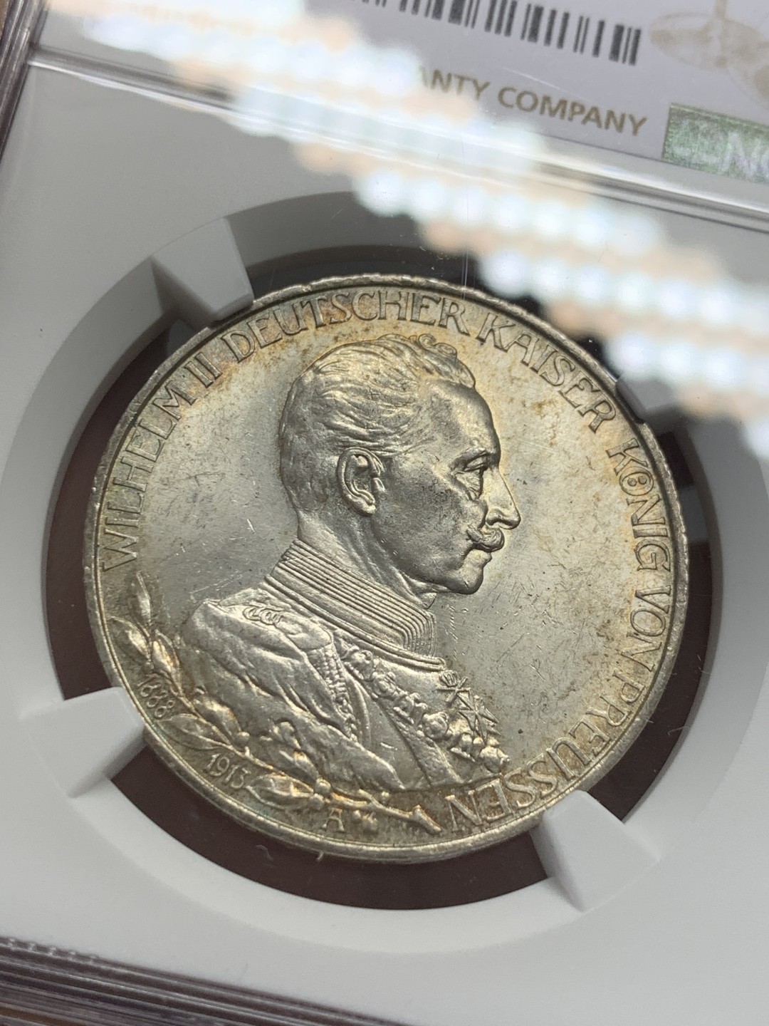 《竞宝斋》第125场-周日，周一 ，2场连拍（全场包邮） NGC-MS62 德国普鲁士1913年威廉二世在位25周年纪念3马克银币