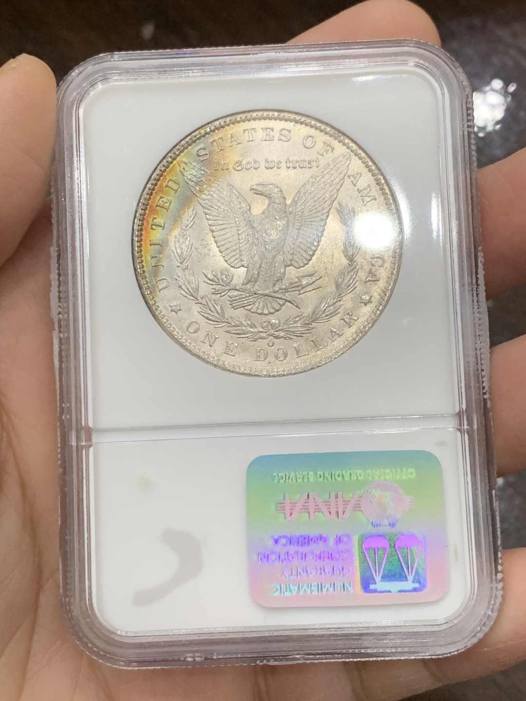 《竞宝斋》第125场-周日，周一 ，2场连拍（全场包邮） NGC-MS64 美国 1885年 1美元 摩根银币 NGC老盒 小彩虹包浆