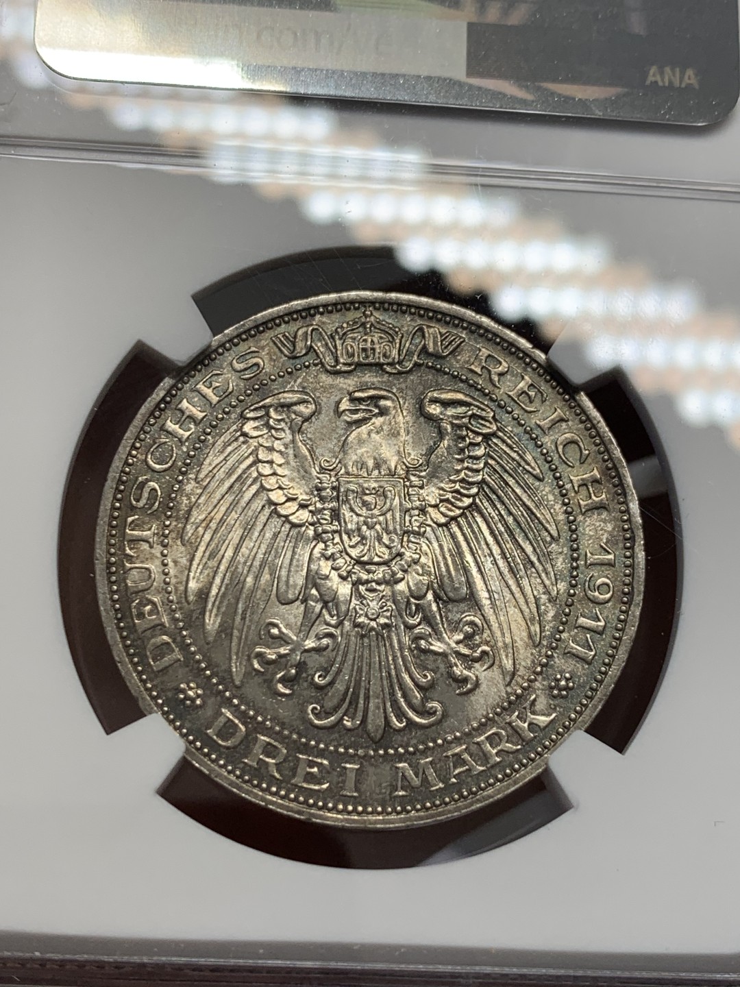 《竞宝斋》第125场-周日，周一 ，2场连拍（全场包邮） NGC-MS63 德国普鲁士1911年布雷斯劳大学纪念3马克银币