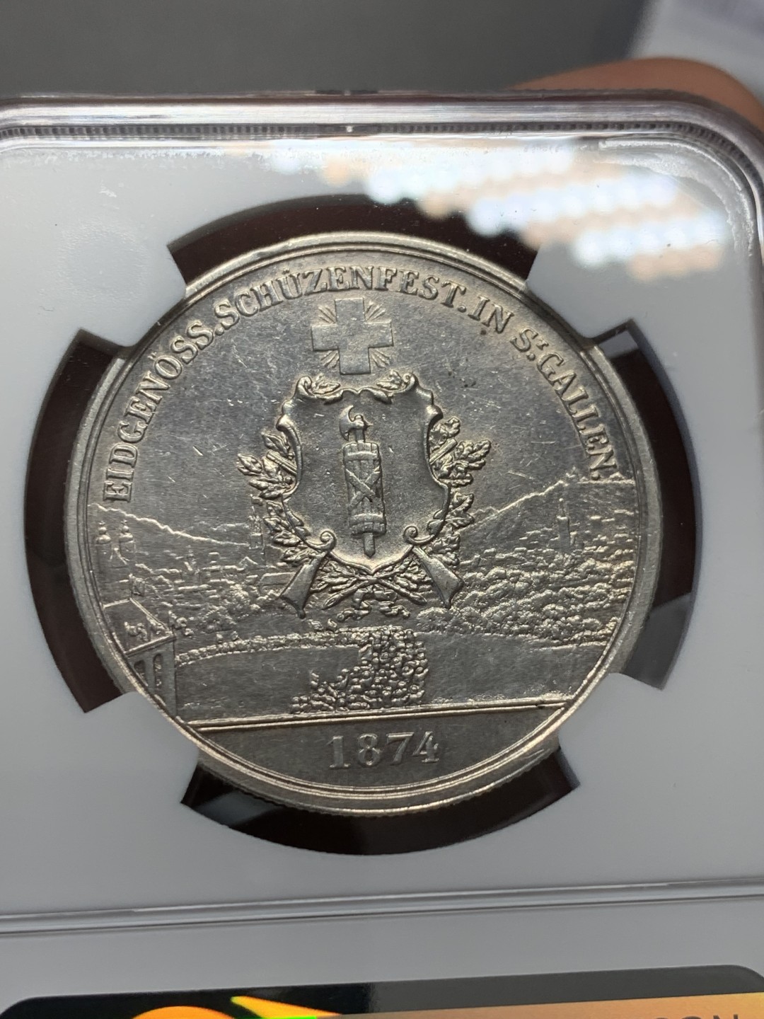 《竞宝斋》第125场-周日，周一 ，2场连拍（全场包邮） NGC UNC 瑞士 1874年 射击节5法郎银币 五官清晰未磨损