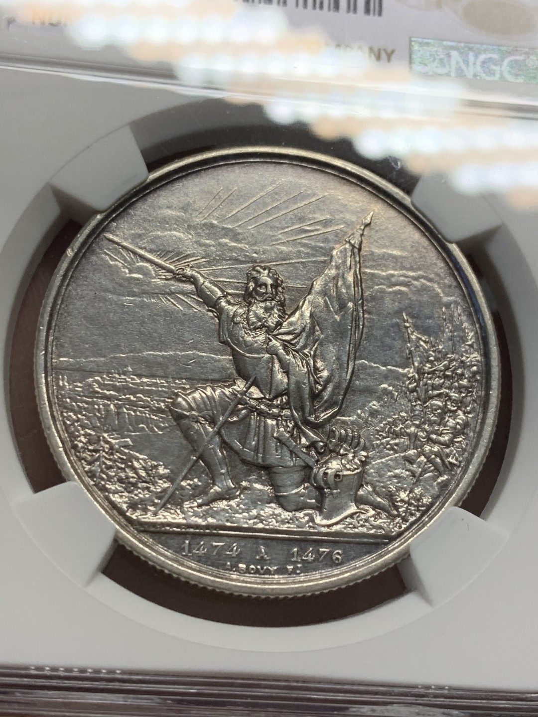 《竞宝斋》第125场-周日，周一 ，2场连拍（全场包邮） NGC UNC 瑞士 1874年 射击节5法郎银币 五官清晰未磨损