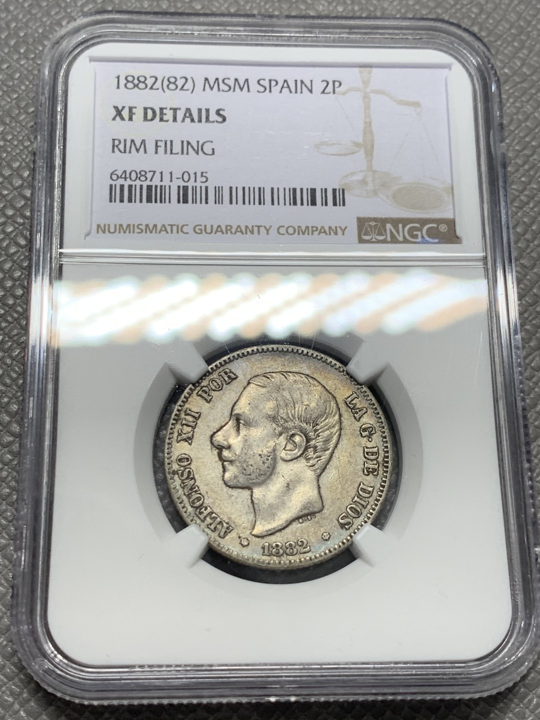 《竞宝斋》第125场-周日，周一 ，2场连拍（全场包邮） NGC-XF 西班牙1882年 阿方索十二世 双柱2比塞塔小银币 原味老包浆