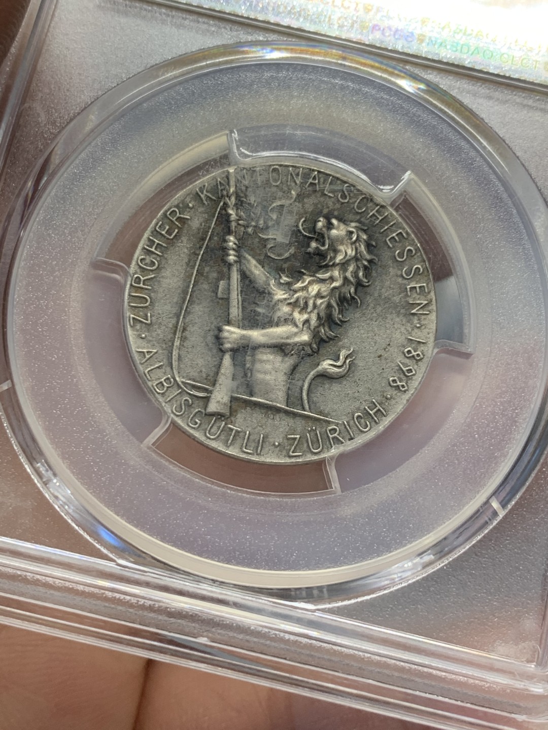 《竞宝斋》第125场-周日，周一 ，2场连拍（全场包邮） PCGS SP62 1898年瑞士苏黎世女神射击节银章 女神楚楚动人 狮子可爱生动 低评好品好状态