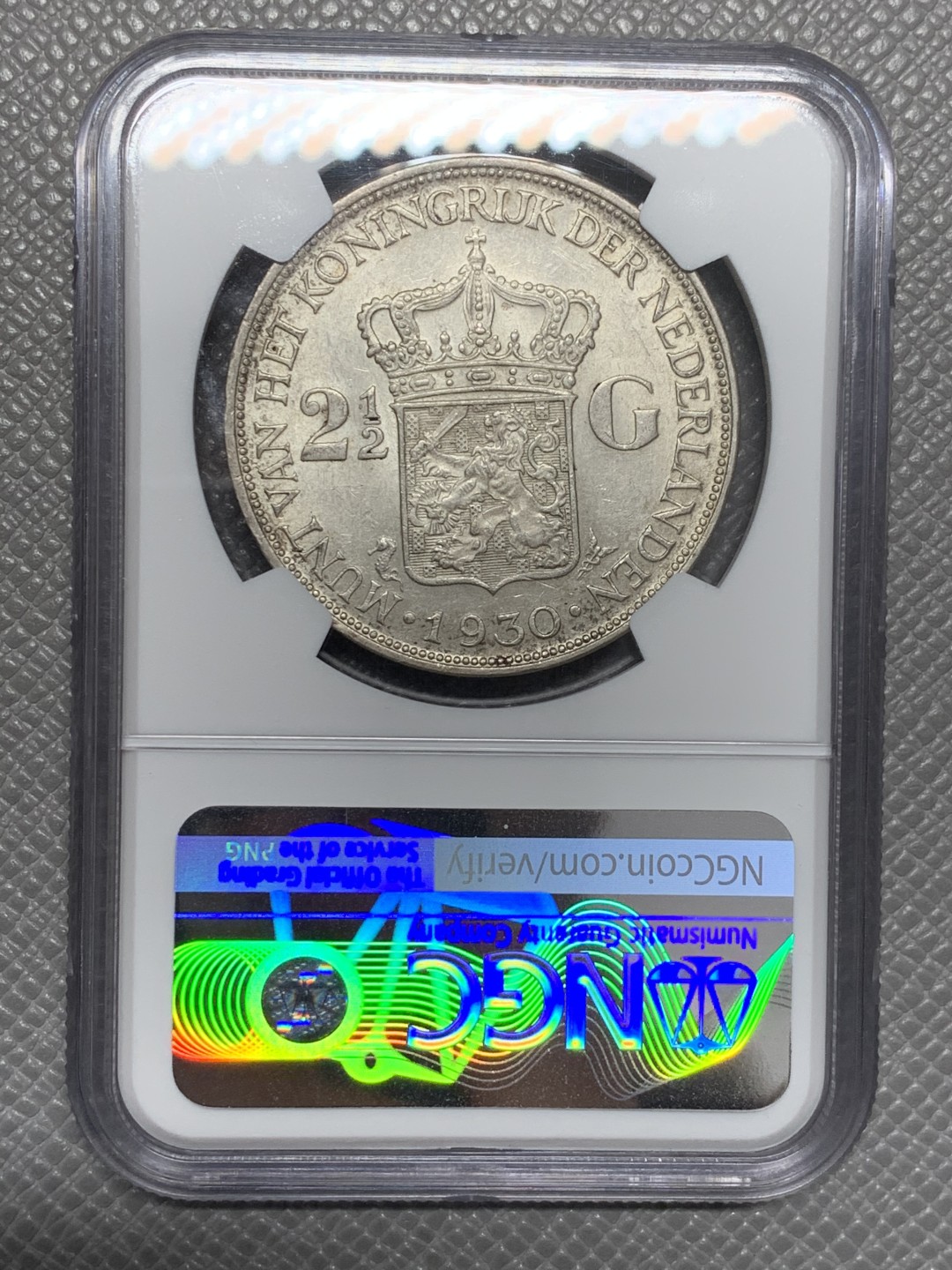 《竞宝斋》第125场-周日，周一 ，2场连拍（全场包邮） NGC-MS62 1930年 荷兰威廉明娜女王2.5盾大银币，少见年份，原光好品，标签有误