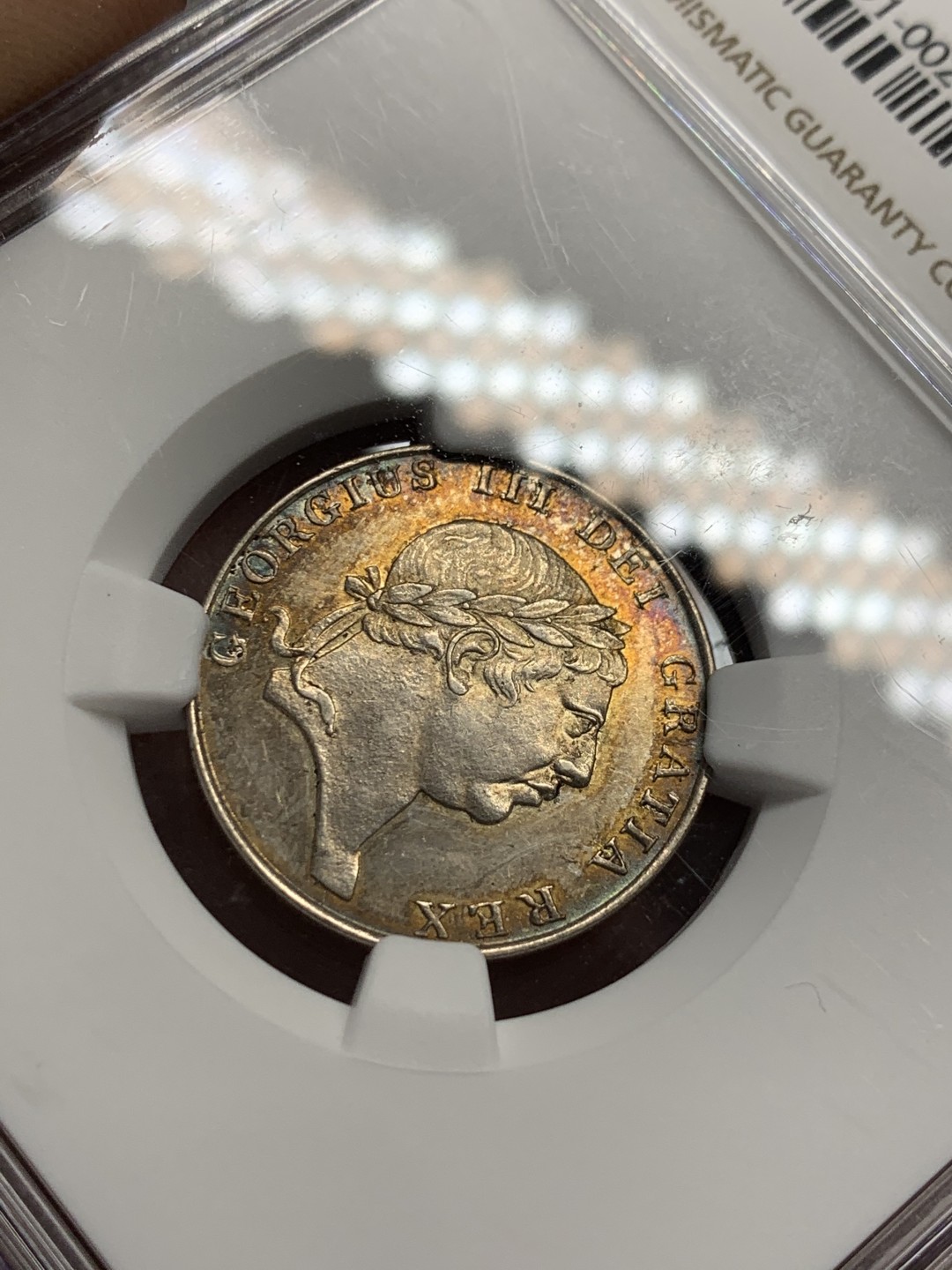 《竞宝斋》第125场-周日，周一 ，2场连拍（全场包邮） NGC-MS62 1813年 英国 乔治三世爱尔兰银行10便士Token银币，晚霞般绚丽色彩。经典乔三头像，爱尔兰银行少见。今年2月SBP ngc62+含佣216美元成交*