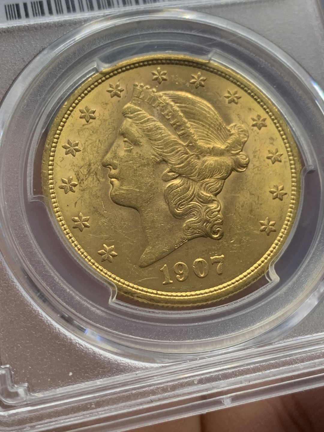 《竞宝斋》第125场-周日，周一 ，2场连拍（全场包邮） PCGS-MS62 1907年 美国20美元 金币 33.436克 大规格 比一般27克的重了不少 人像清晰 整体光好