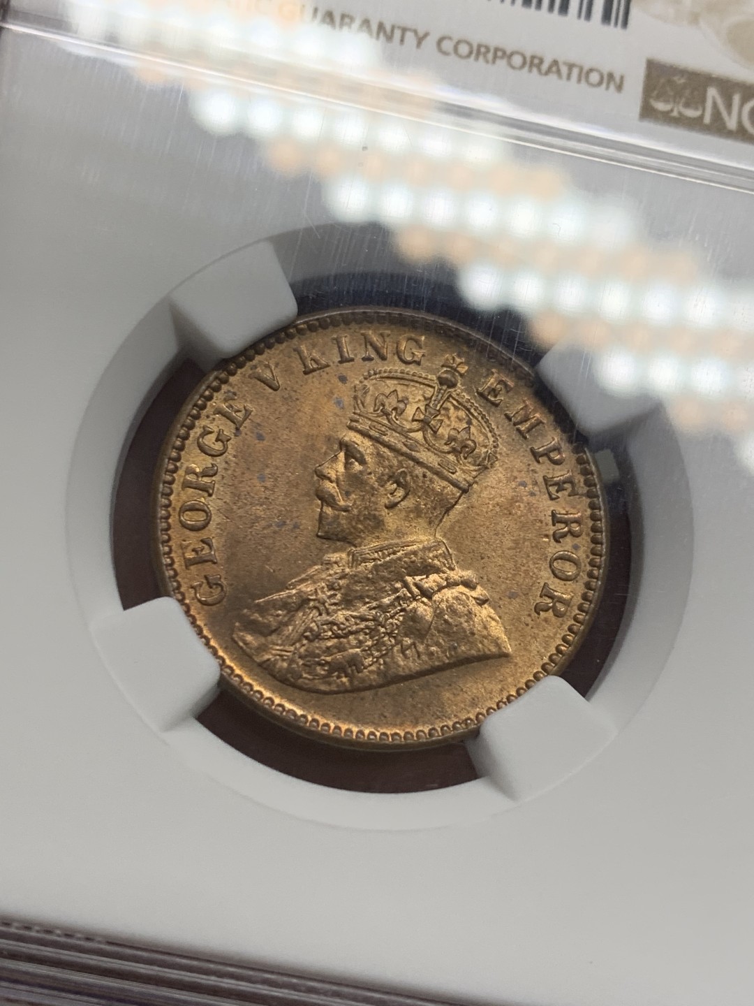 《竞宝斋》第125场-周日，周一 ，2场连拍（全场包邮） NGC MS65RB 印度 1929年 乔治5世 1/4安娜 铜币 状态好