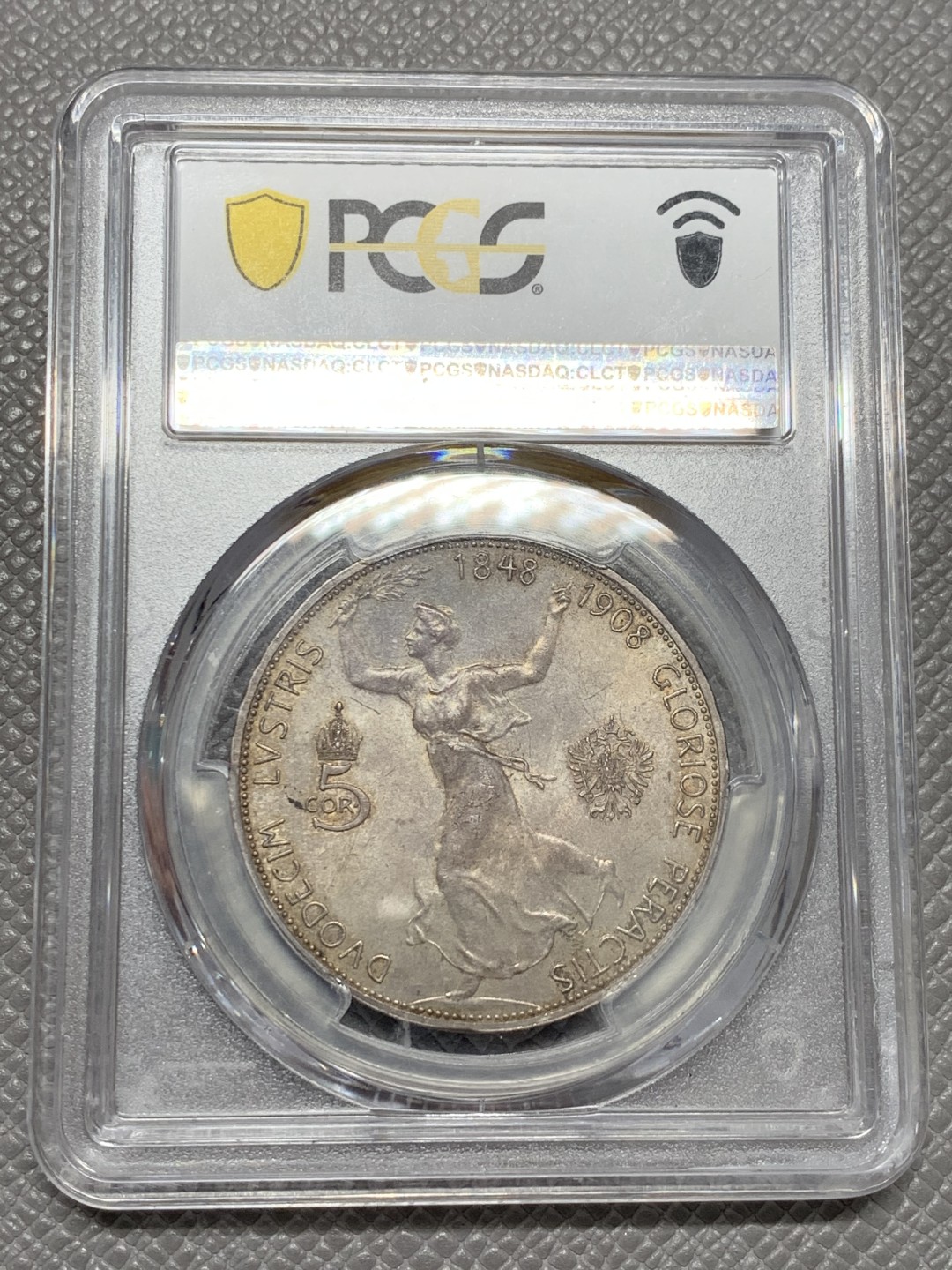 《竞宝斋》第125场-周日，周一 ，2场连拍（全场包邮） PCGS MS63奥地利 1908年 5克朗 弗朗茨在位60周年 奔跑的女人 奥匈经典上涨品种
