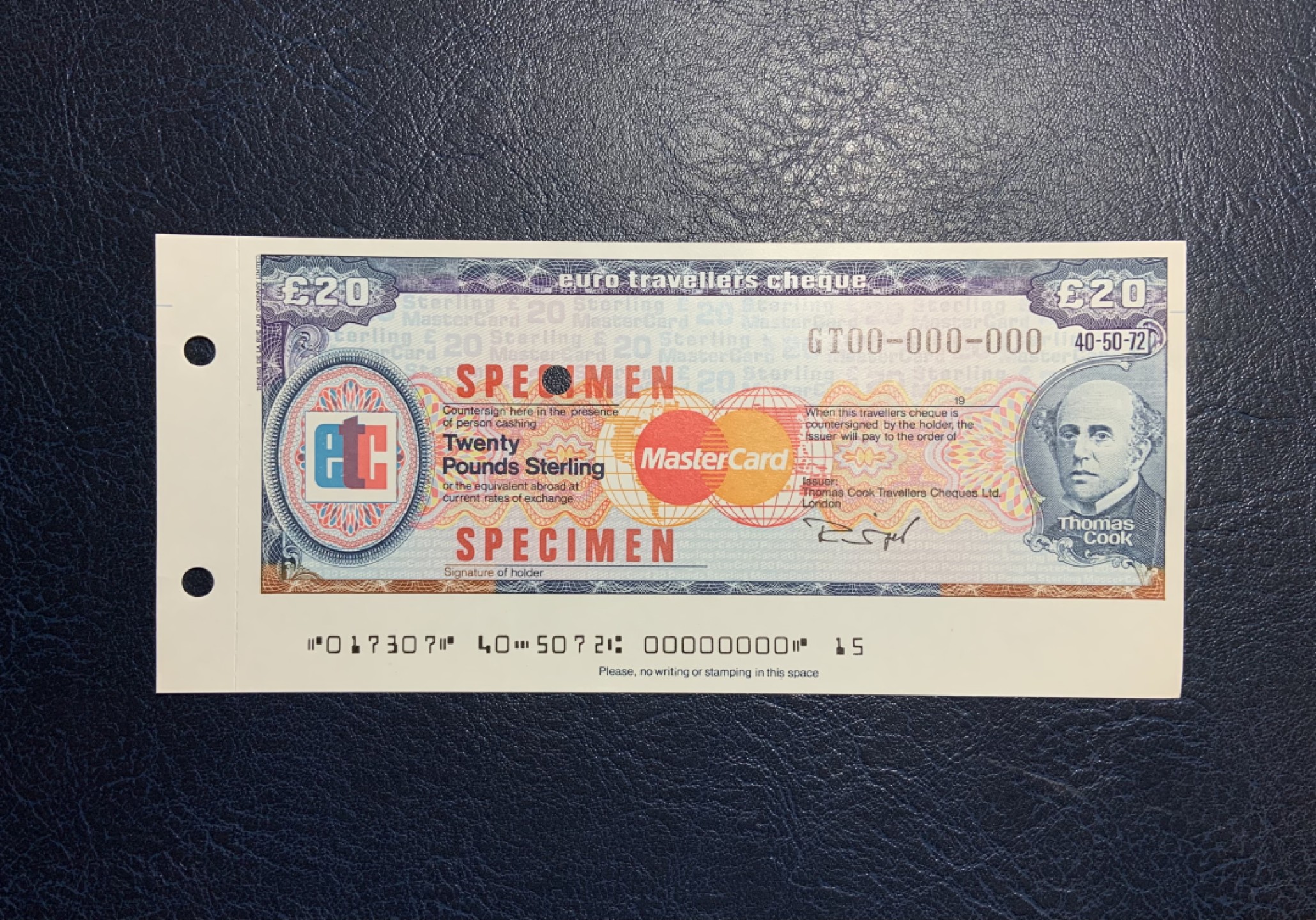 收藏联盟Quantum Auction 第220期拍卖  美国大通银行90年代欧洲旅行支票20镑样票 品相AU 德纳罗代印 正面雕刻印刷