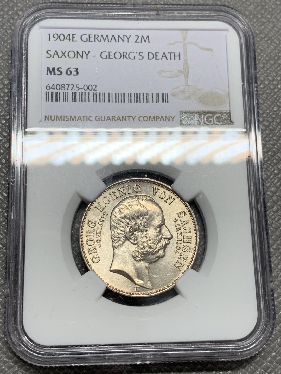 《竞宝斋》第125场-周日，周一 ，2场连拍（全场包邮） NGC-MS63 德国萨克森 1904年 2马克银币 顶级好品 小毫子更加难得