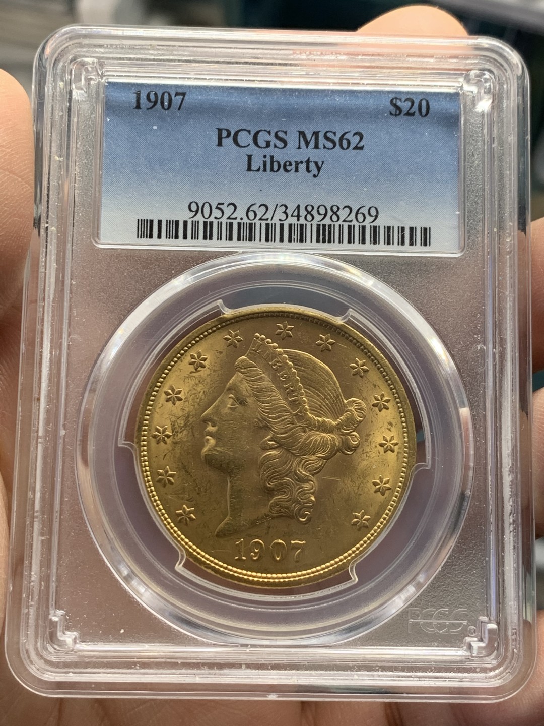 《竞宝斋》第125场-周日，周一 ，2场连拍（全场包邮） PCGS-MS62 1907年 美国20美元 金币 33.436克 大规格 比一般27克的重了不少 人像清晰 整体光好