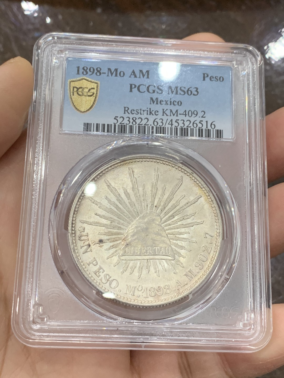 《竞宝斋》第125场-周日，周一 ，2场连拍（全场包邮） PCGS MS63 墨西哥 1898年 直边鹰洋 大银币 状态好 转光明显（资料显示该版本为1949年铸造）