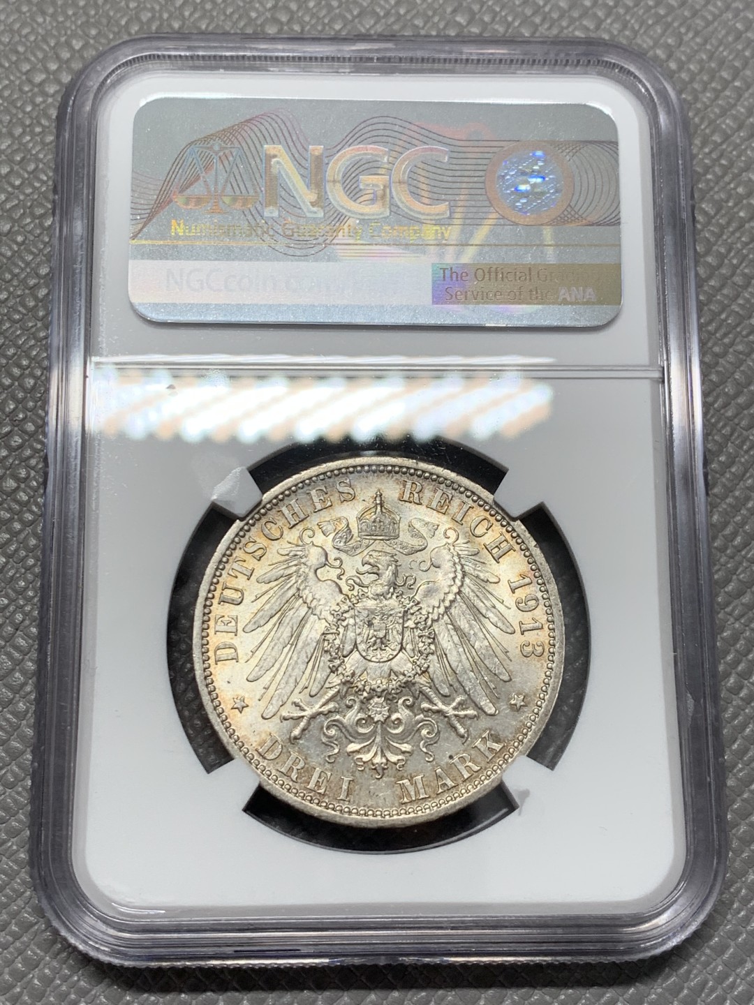 《竞宝斋》第125场-周日，周一 ，2场连拍（全场包邮） NGC-MS62 德国普鲁士1913年威廉二世在位25周年纪念3马克银币