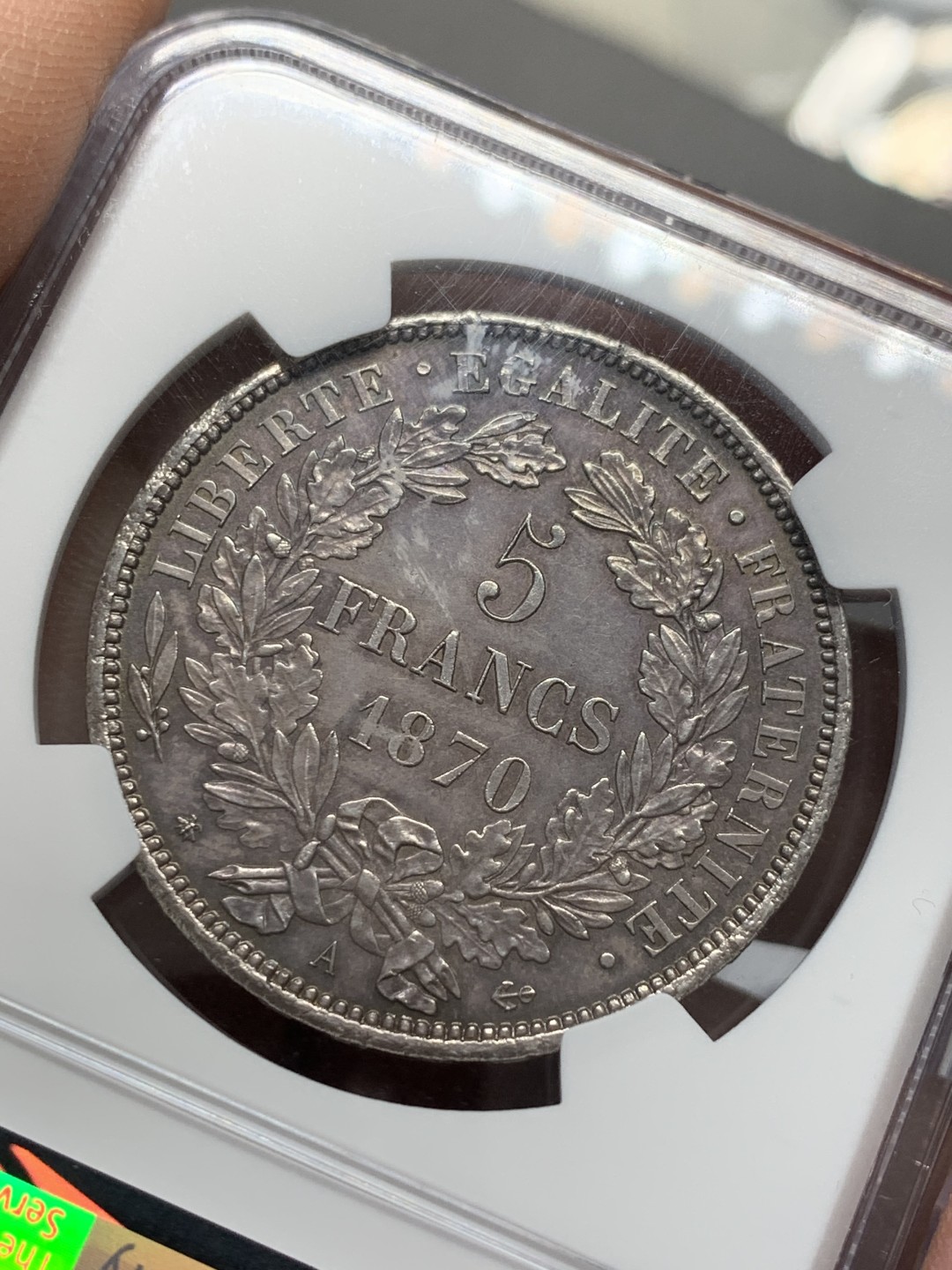《竞宝斋》第125场-周日，周一 ，2场连拍（全场包邮） NGC-MS61 1870年法国谷物女神5法郎银币 三共带箴言版，比1849-1851的二共版少很多，黑包浆状态出众