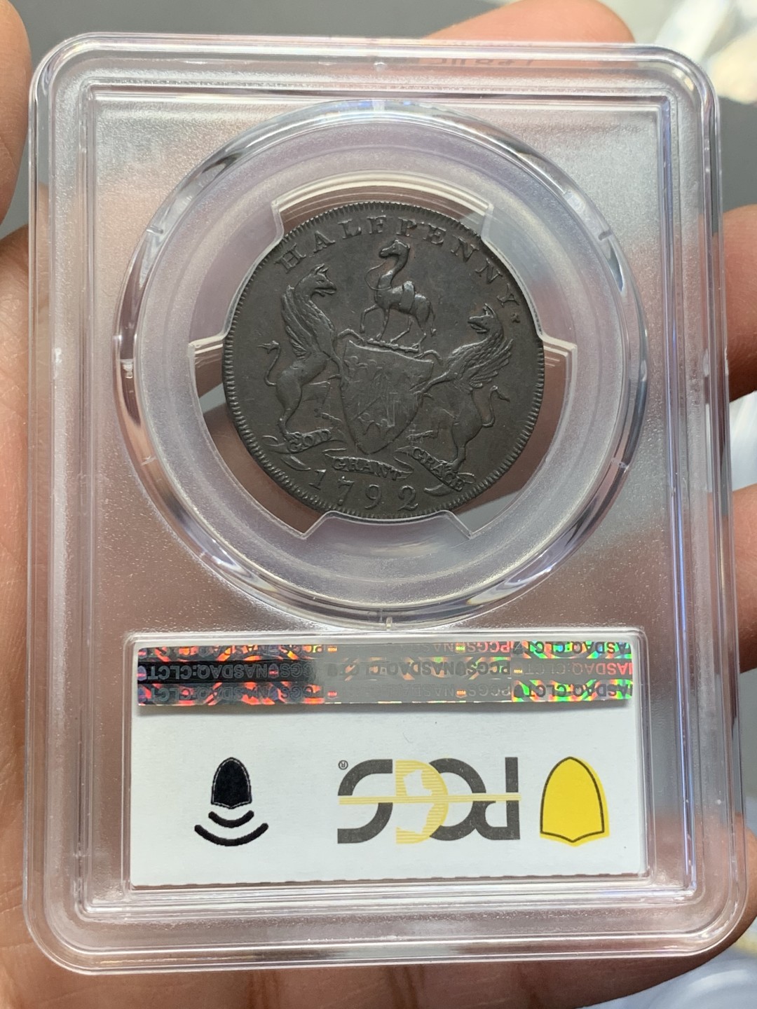 《竞宝斋》第125场-周日，周一 ，2场连拍（全场包邮） PCGS-XF40 1792年 英国沃里克郡戈黛娃夫人1/2便士Token，。马背上的戈黛娃，英系经典。发丝马鬃清晰，铜光犹存。此版稀见，R级珍惜度