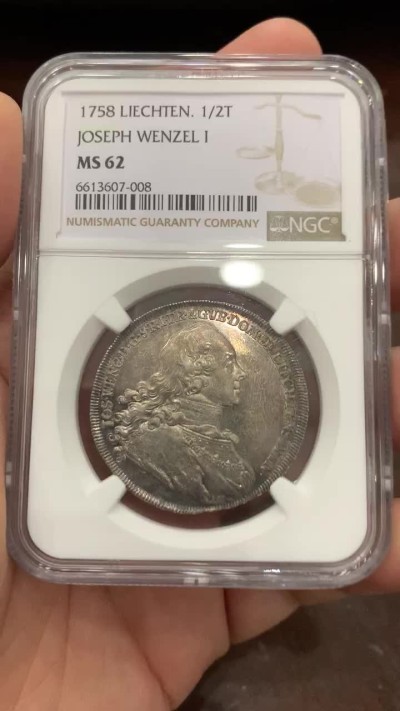 《竞宝斋》第125场-周日，周一 ，2场连拍（全场包邮） NGC MS62 列支敦士登1758  1/2泰勒，亲王用于宣示主权和馈赠贵族，并不用于流通。单年版，最高分，发行量900枚。HA61分的1680美元
