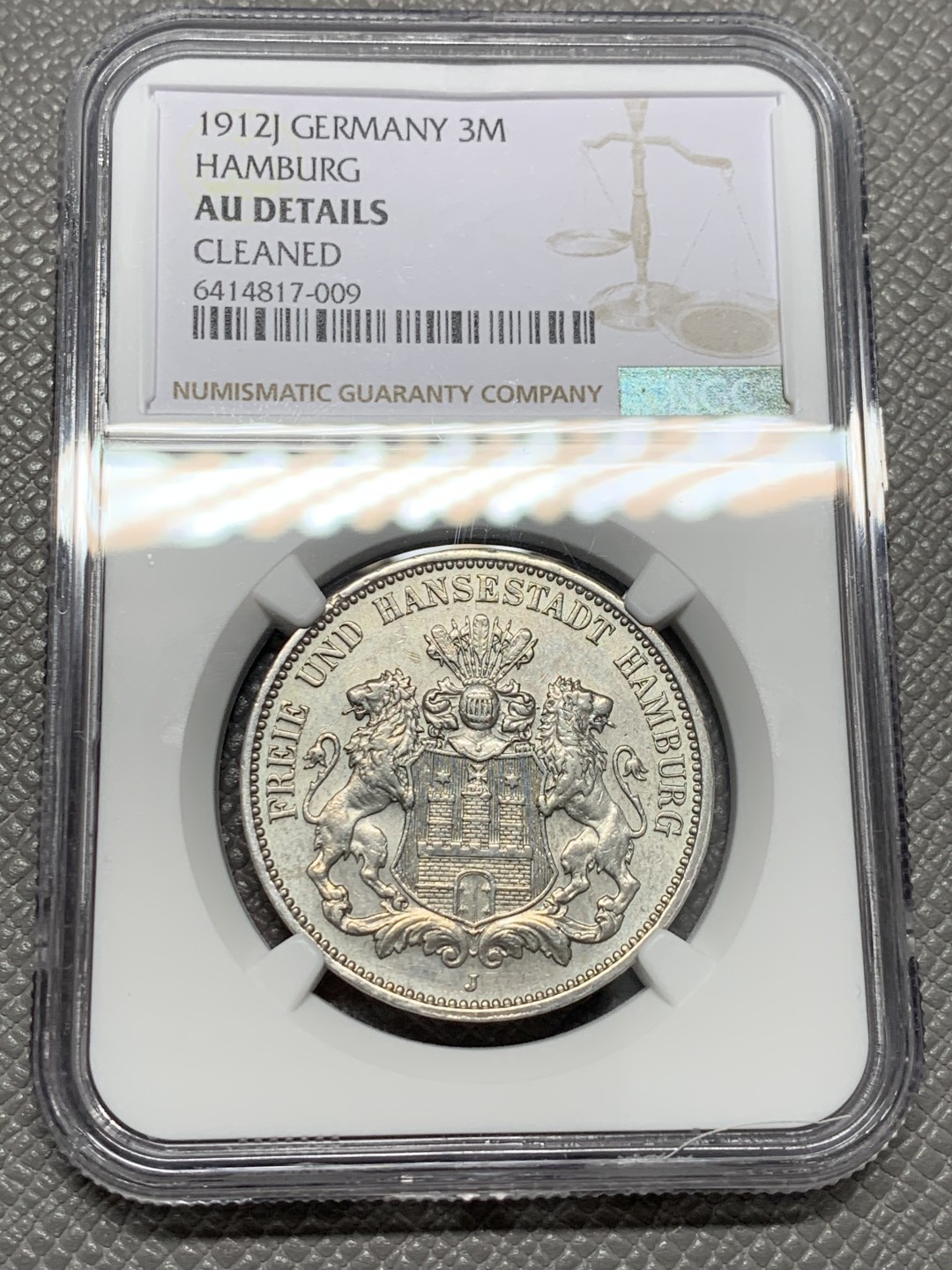 《竞宝斋》第125场-周日，周一 ，2场连拍（全场包邮） NGC AU 德国 1912年J版 汉堡 双狮 3马克 银币