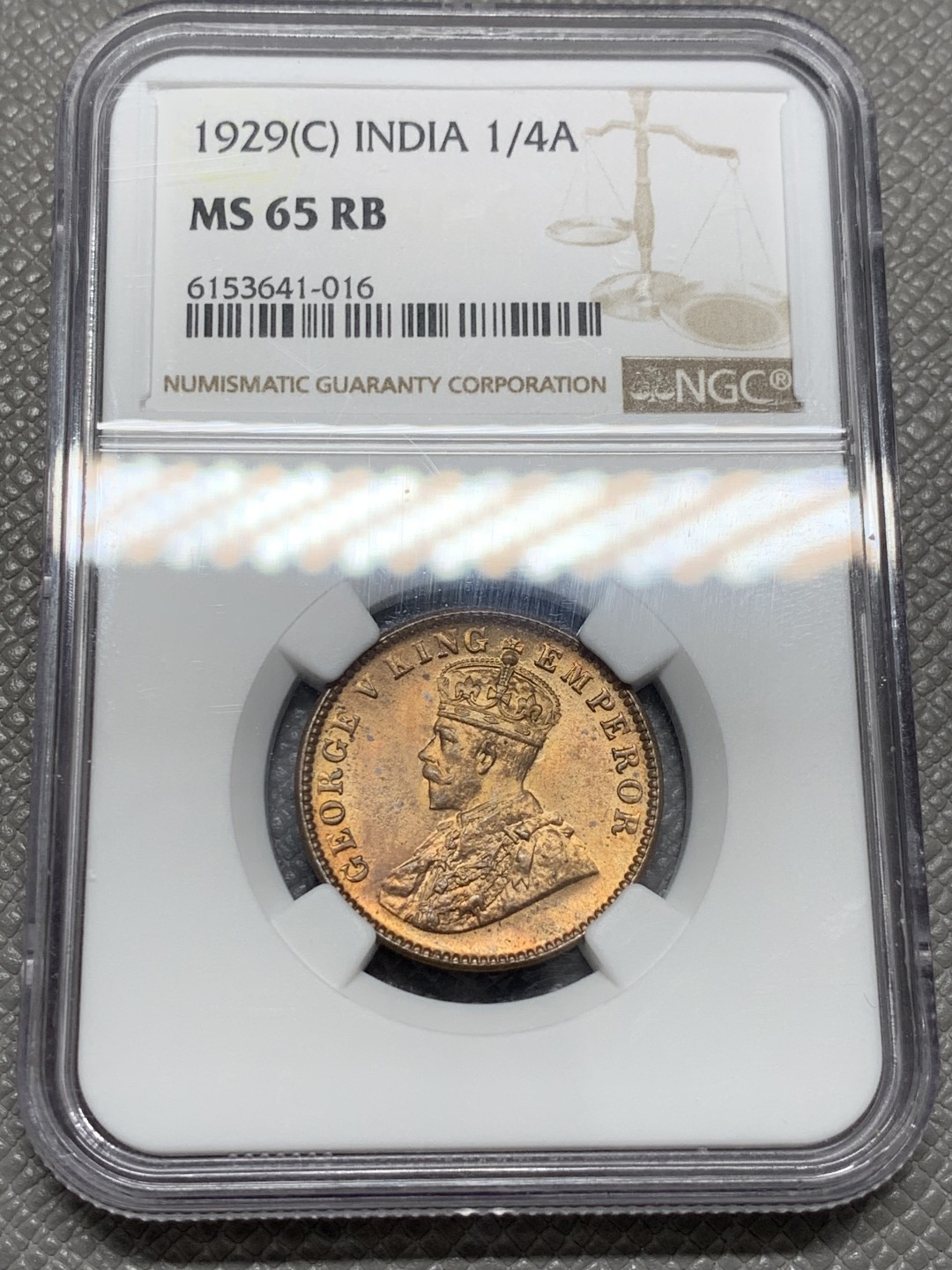《竞宝斋》第125场-周日，周一 ，2场连拍（全场包邮） NGC MS65RB 印度 1929年 乔治5世 1/4安娜 铜币 状态好
