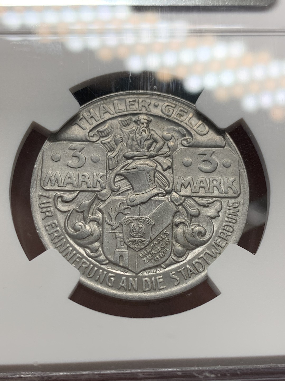 《竞宝斋》第125场-周日，周一 ，2场连拍（全场包邮） NGC-MS64  德国 1921 塔勒哈兹 铝制3马克 德紧名誉品