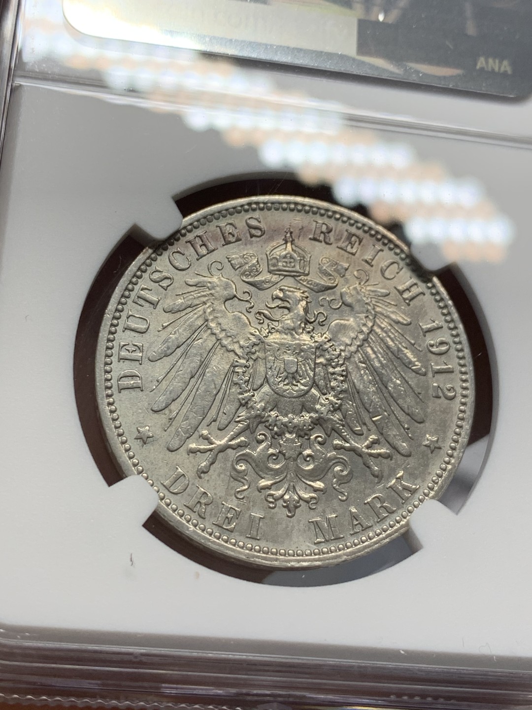 《竞宝斋》第125场-周日，周一 ，2场连拍（全场包邮） NGC AU 德国 1912年J版 汉堡 双狮 3马克 银币