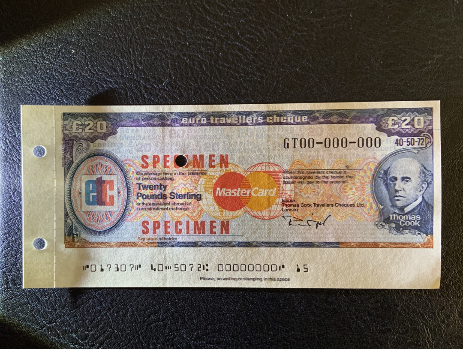 收藏联盟Quantum Auction 第220期拍卖  美国大通银行90年代欧洲旅行支票20镑样票 品相AU 德纳罗代印 正面雕刻印刷