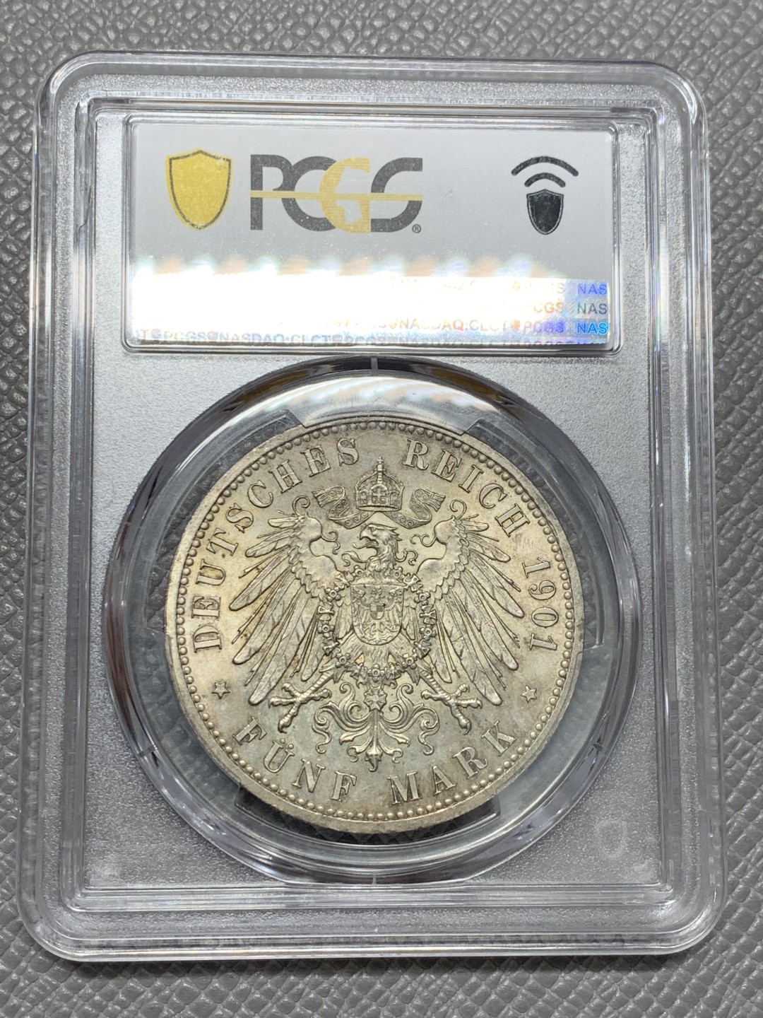 《竞宝斋》第125场-周日，周一 ，2场连拍（全场包邮） PCGS MS64德国 1901年 5马克 普鲁士建国200周年 经典双头长翅马克 BU品相完美品质